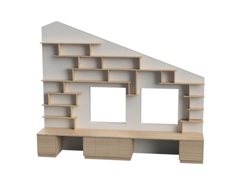 3D-rendering av det ferdige designet med hyller, skrivebord og skap.